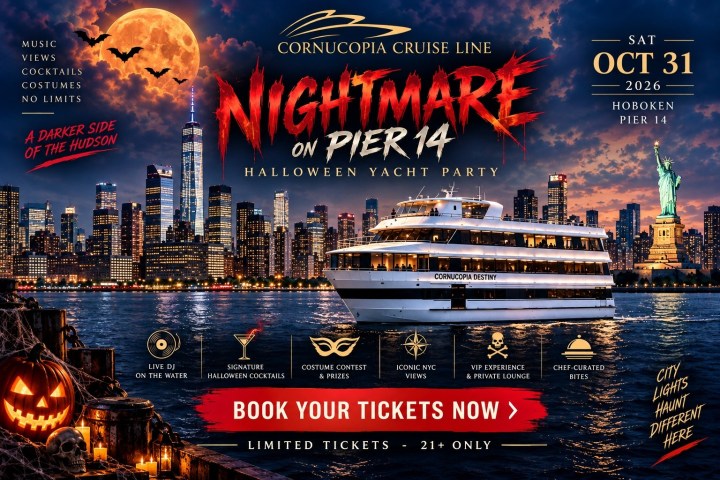Halloween yacht party poster with city skyline, boat, and event details for October 31, 2026 in Hoboken.