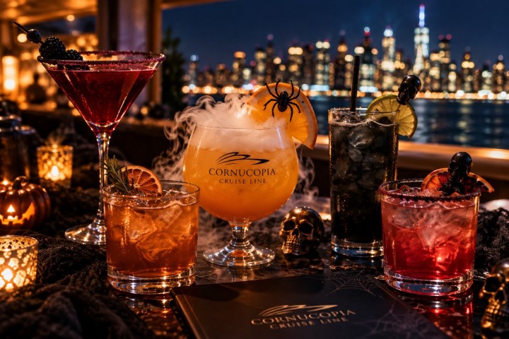 Cocktails on a table with a city skyline at night in the background.
