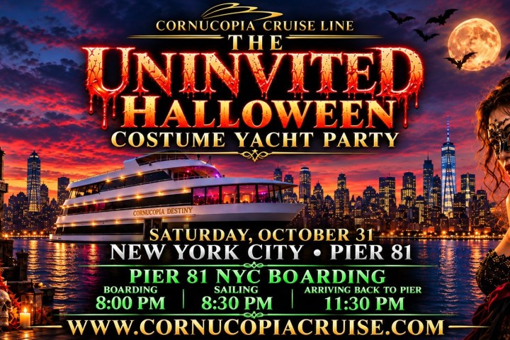 Halloween yacht party poster with NYC skyline and masked woman.